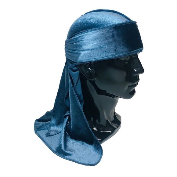 Blue Velvet Durag Long Tail Head Scarf Turban Head Cap 360 Wave Hat - Picture 1 of 11